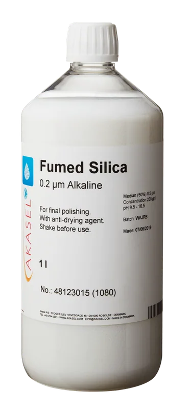 Akasels Fumed Silica Suspension 0.2 µm alkalisk, 1-liters flaska med vitt lock för slutpolering av metallografiska prover.