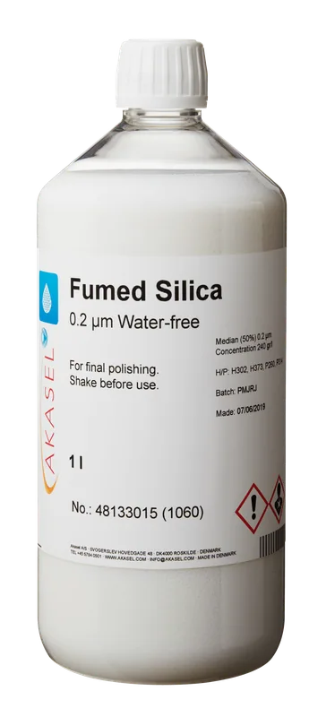 Akasel Fumed Silica Suspension 0.2 µm WF – En vattenfri vätska i en 1-litersflaska, utvecklad för finslipade metallografiska poleringsprocesser. Perfekt för fuktkänsliga material.
