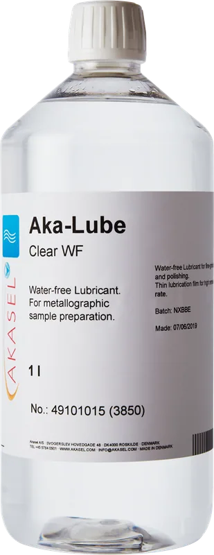 Akasel Aka-Lube Clear WF i en genomskinlig 1-litre-flaska, färglöst smörjmedel för metallografisk provberedning. Perfekt för finslipning och polering utan vatten.