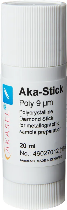 Akasel Aka-Stick Poly 9 µm – Polykristallin diamantstick, 20 ml, för krävande applikationer med hög materialavverkning. Perfekt för grundning av polerdukar och för att uppnå jämna poleringsresultat.