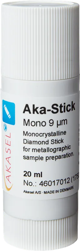 Akasel Aka-Stick Mono 9 µm – Monokristallin diamantstick, 20 ml, med 250 ct/L koncentration. Perfekt för metallografisk provberedning och korta poleringstider.