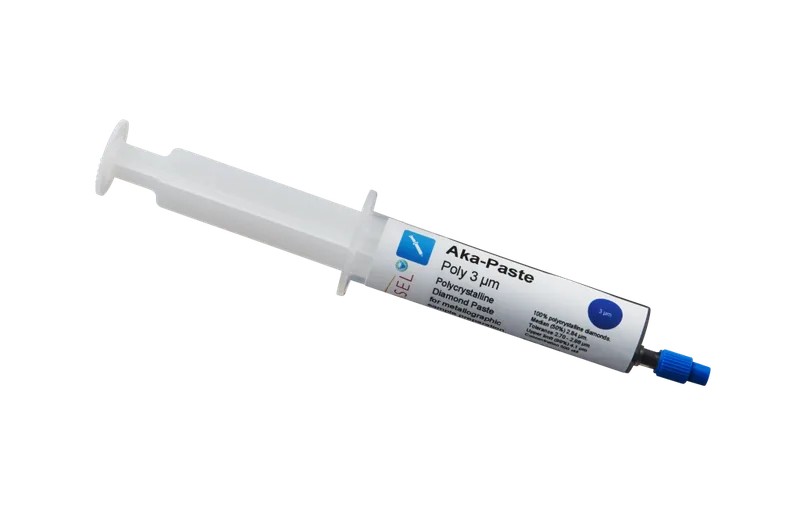Akasel Aka-Paste Poly 3 µm – Polykristallin diamantpasta i en praktisk 10 ml tub, optimerad för hög materialavverkning och utmärkt ytfinish vid precisionspolering.
