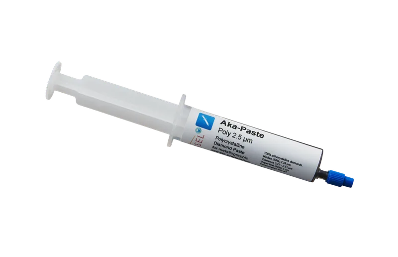 Akasel Aka-Paste Poly 2,5 µm – Polykristallin diamantpasta i en praktisk 10 ml tub med 500 ct/l koncentration, idealisk för mångsidiga metallografiska poleringsapplikationer.