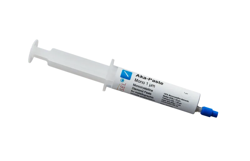 Akasel Aka-Paste Mono 1 µm – Monokristallin diamantpasta i en praktisk 10 ml tub med 500 ct/l koncentration, idealisk för precis manuell polering och inarbetning av nya polerdukar.