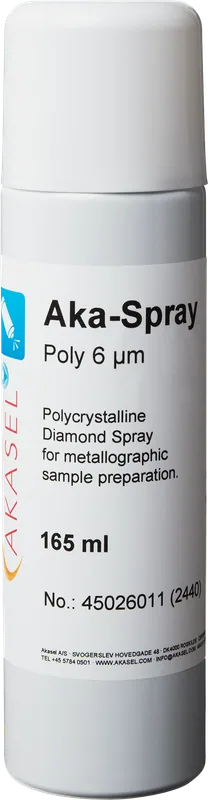 Akasel Aka-Spray Poly 6 µm – Polykristallin diamantspray för precis slipning och polering. Lämplig för vattenskänsliga material och enkel att använda. Finns i en 165 ml flaska.